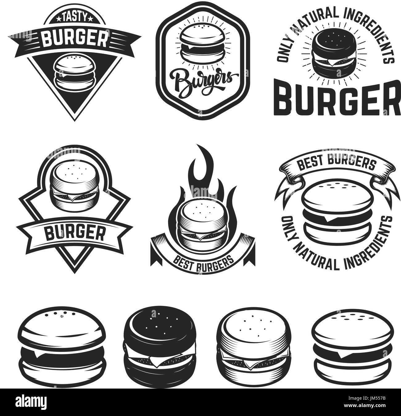 Set di etichette burger. Gli elementi di design per logo, emblema, menu, segno, poster. Illustrazione Vettoriale Illustrazione Vettoriale