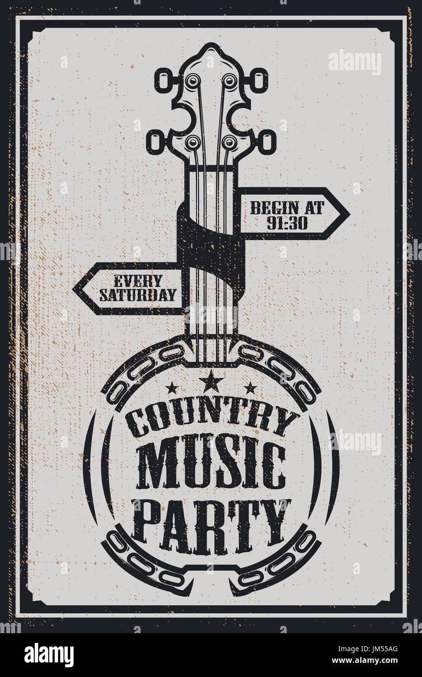 Ñountry festa di musica modello poster. Banjo Vintage su grunge background. Illustrazione Vettoriale Illustrazione Vettoriale