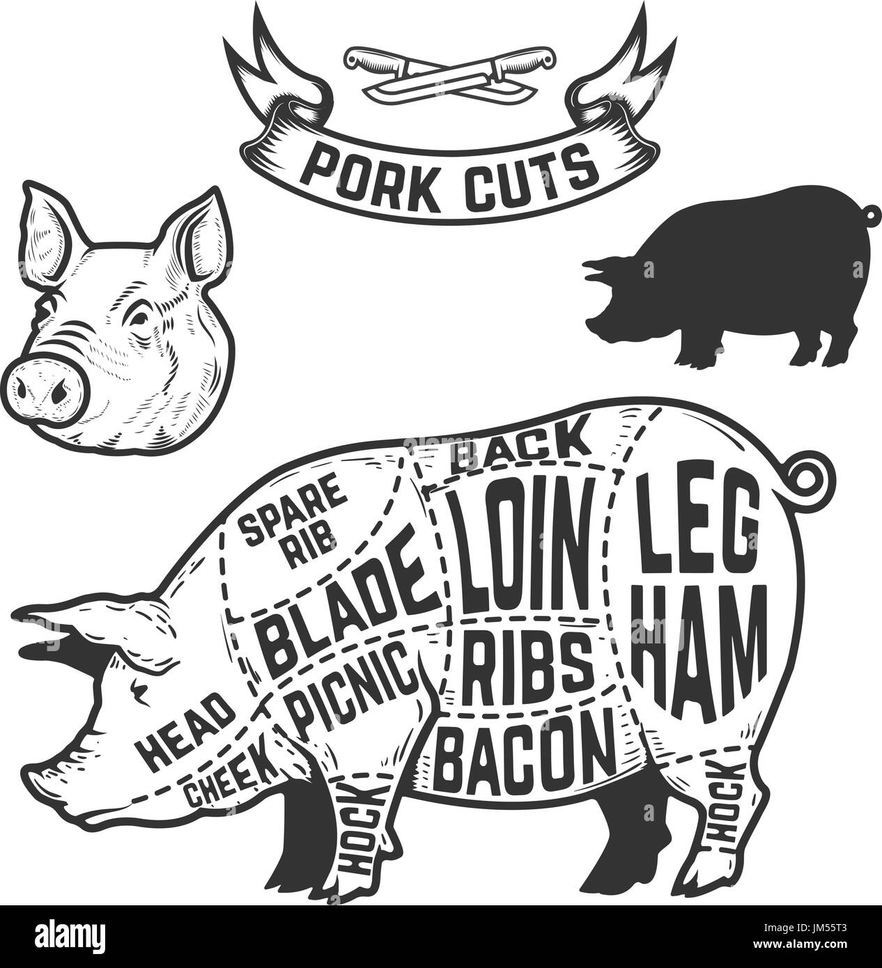 I tagli di carne di maiale macellaio schema. Elemento di design per poster, menu. Illustrazione Vettoriale Illustrazione Vettoriale