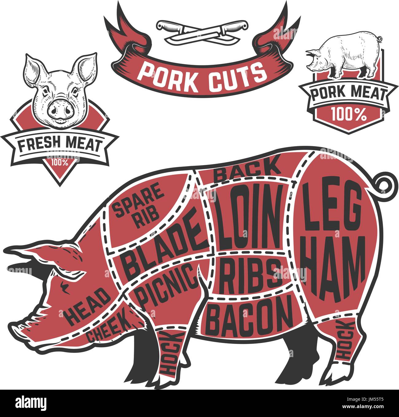 I tagli di carne di maiale macellaio schema. Illustrazioni di vacca su sfondo bianco. Gli elementi di design per poster, menu. Illustrazione Vettoriale Illustrazione Vettoriale