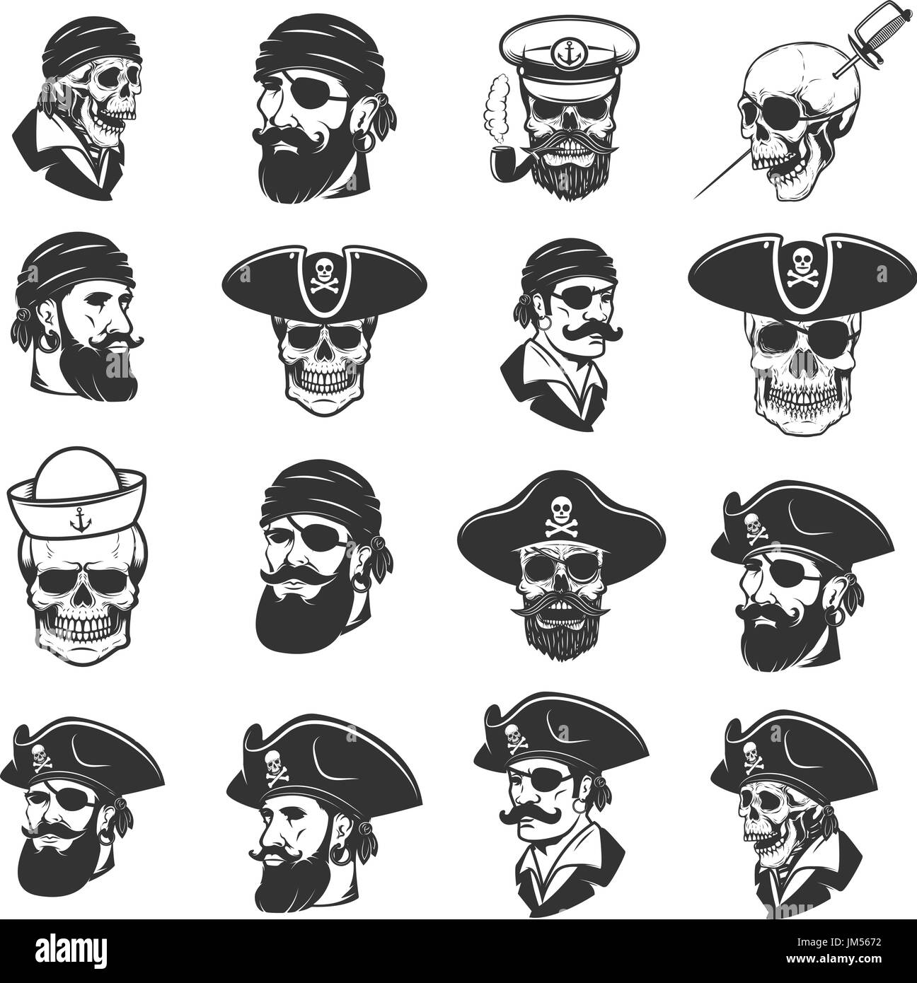 Serie di teste di pirati e di teschi. Gli elementi di design per l'etichetta, emblema, segno, badge, poster, t-shirt. Illustrazione Vettoriale Illustrazione Vettoriale