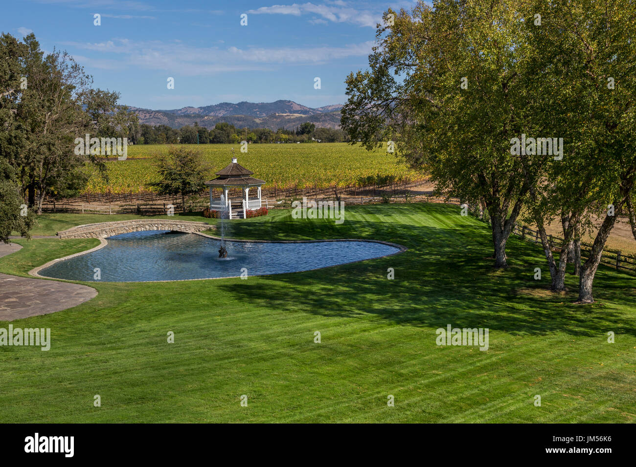 Fontana, fontana, stagno, gazebo, giardino paesaggistico, Far Niente Winery, Oakville, la Valle di Napa NAPA County, California Foto Stock