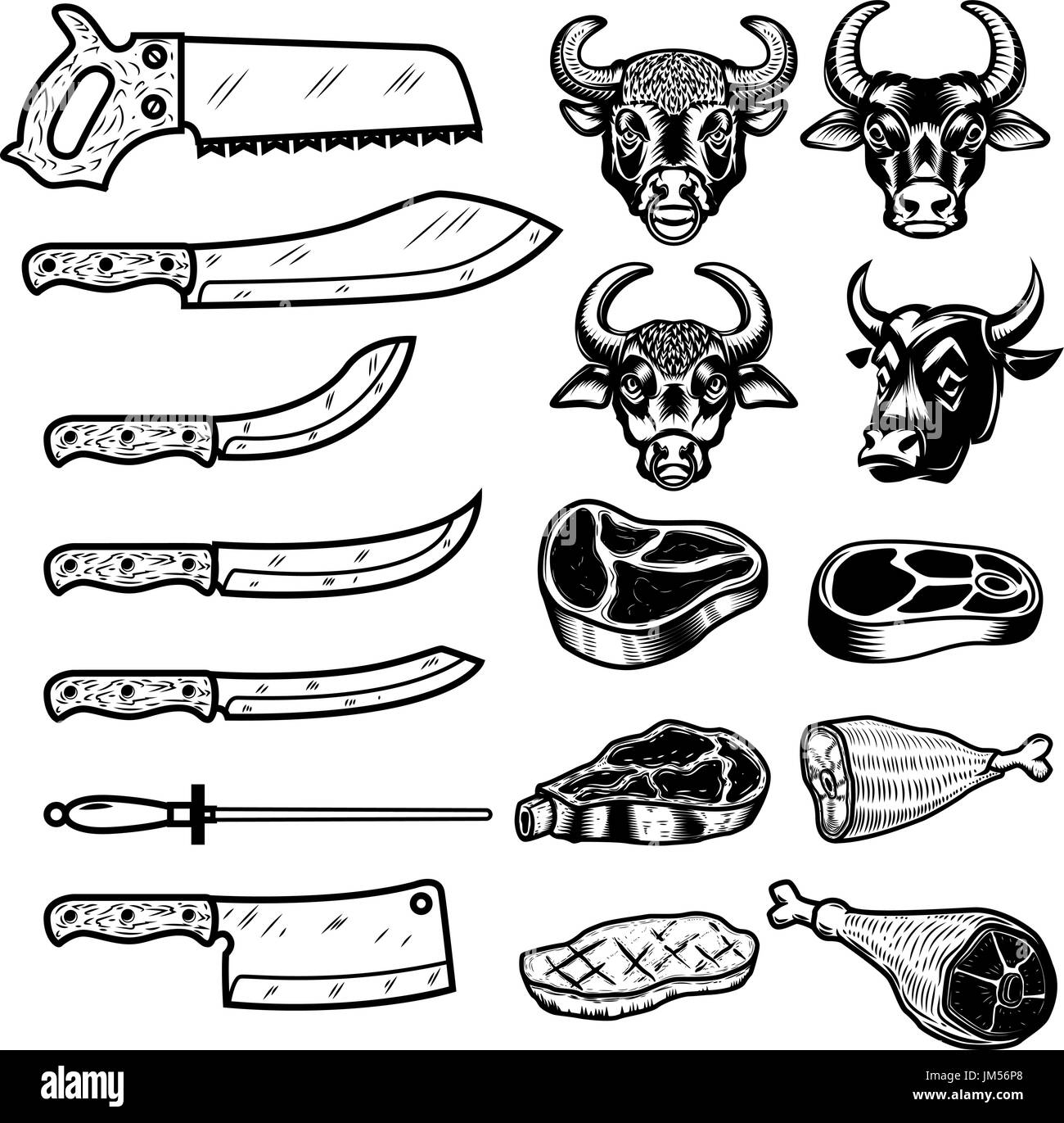 Set di strumenti di macellaio, carni bovine, carni icone. Gli elementi di design per il logo, l'etichetta, emblema, segno, il marchio. Illustrazione Vettoriale Illustrazione Vettoriale
