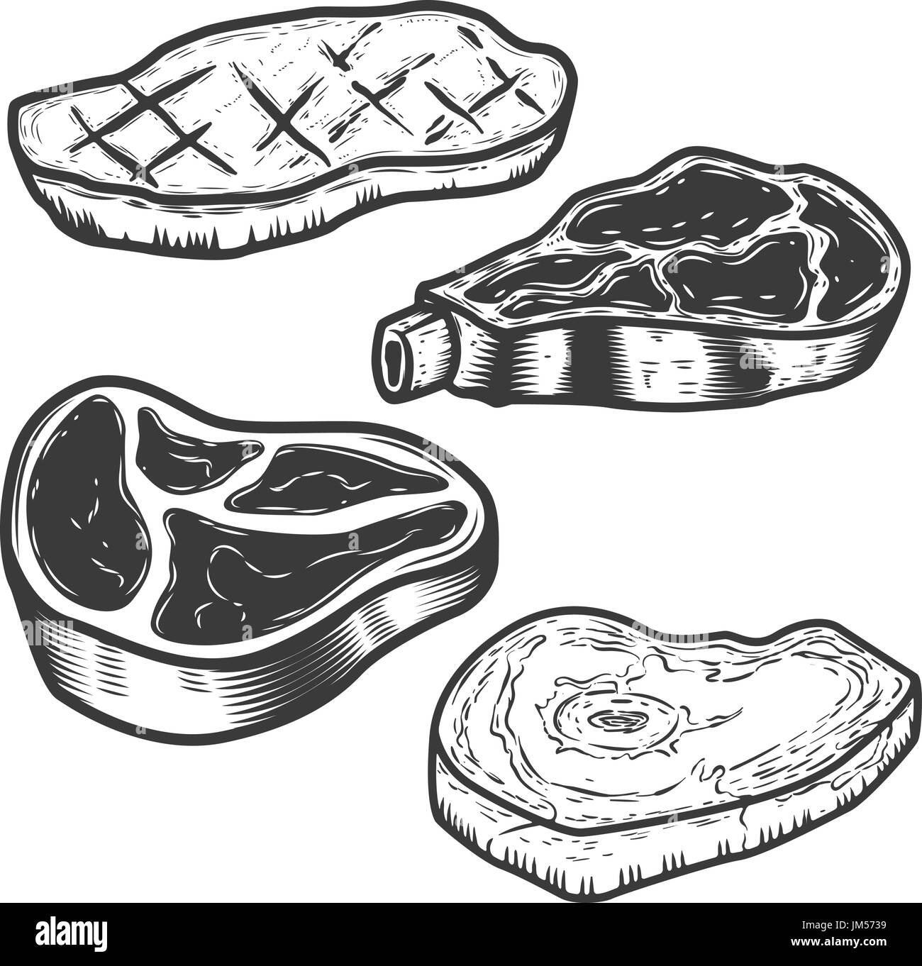 Set di carne cruda e carne alla brace illustrazioni isolate su sfondo bianco. Gli elementi di design per il menu del ristorante, poster, emblema, segno. Illustr vettore Illustrazione Vettoriale