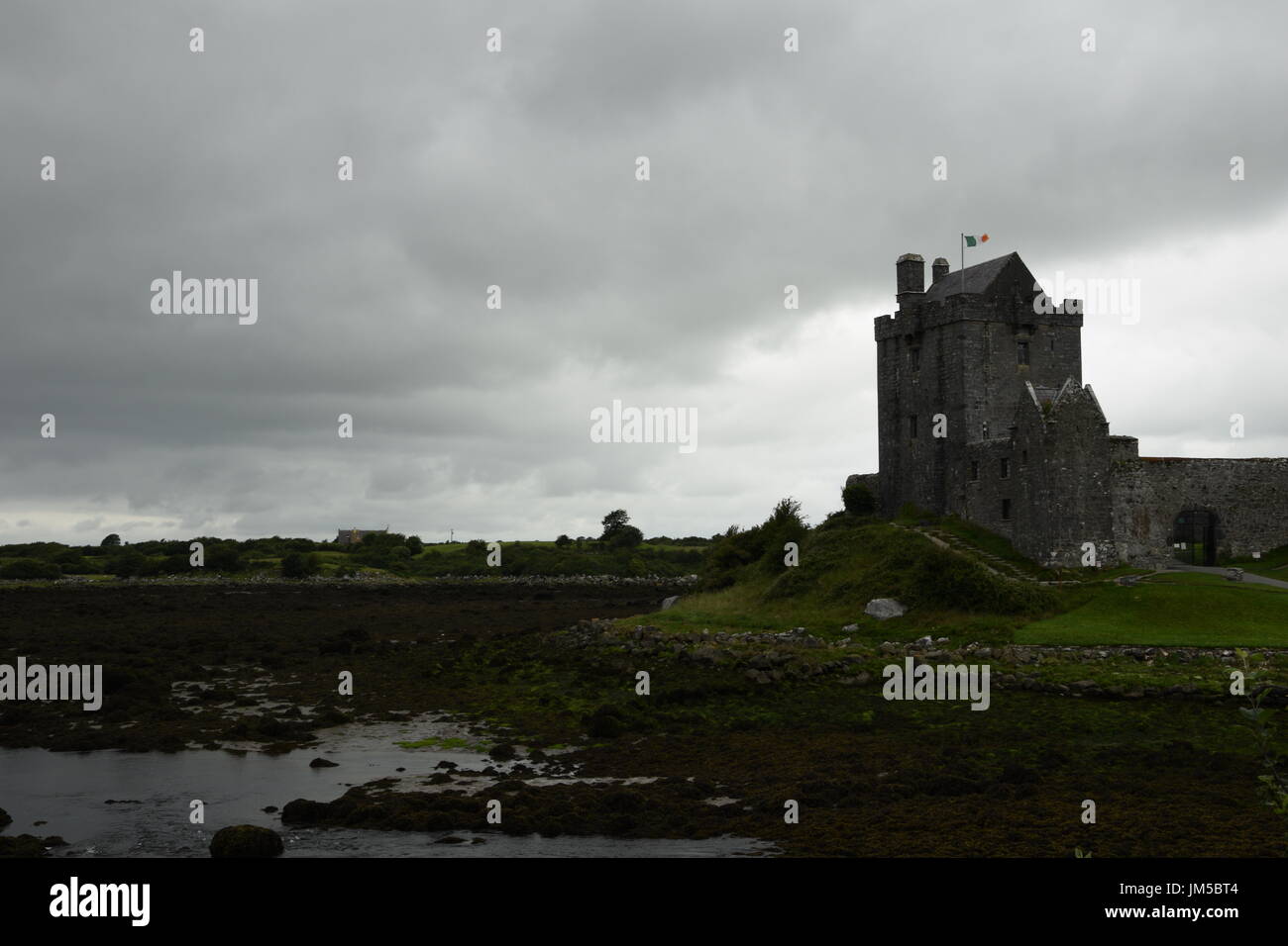 Vista sul Dunguaire Castle e bay a bassa marea nella Contea di Galway, Irlanda Foto Stock