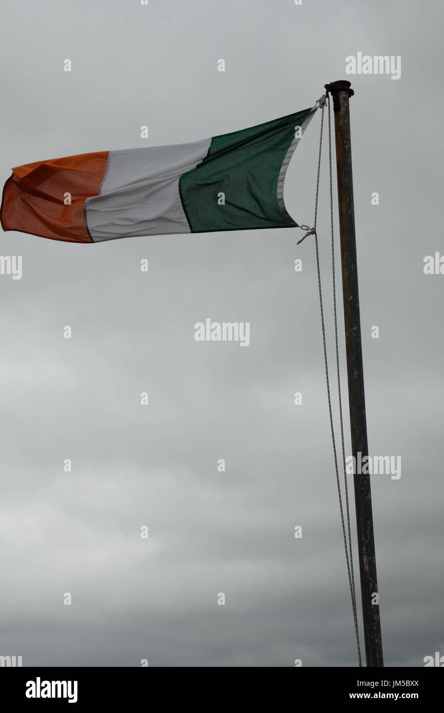 Bandiera irlandese battenti sul pennone nel cielo nuvoloso Foto Stock