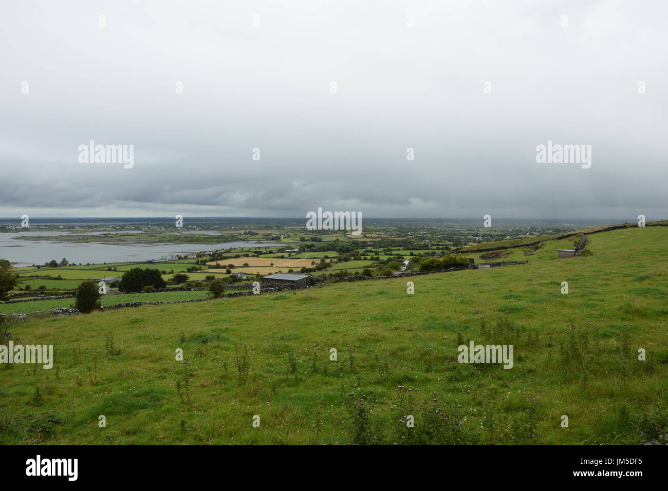 Vista di prati e pascoli contro Galway Bay nella contea di Clare, Irlanda occidentale Foto Stock
