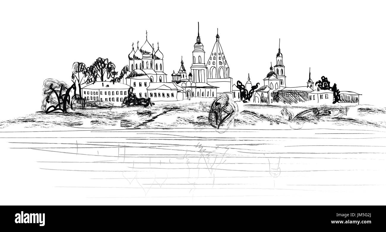 Vecchia città russa paesaggio disegnato a mano illustrazione vettoriale. Cremlino di Suzdal. vista del paesaggio urbano di Suzdal. il golden ring della Russia. Foto Stock