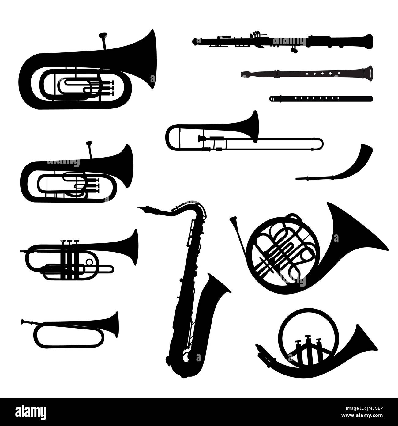 Strumenti di musica vector set. strumento musicale silhouette su sfondo bianco. Foto Stock