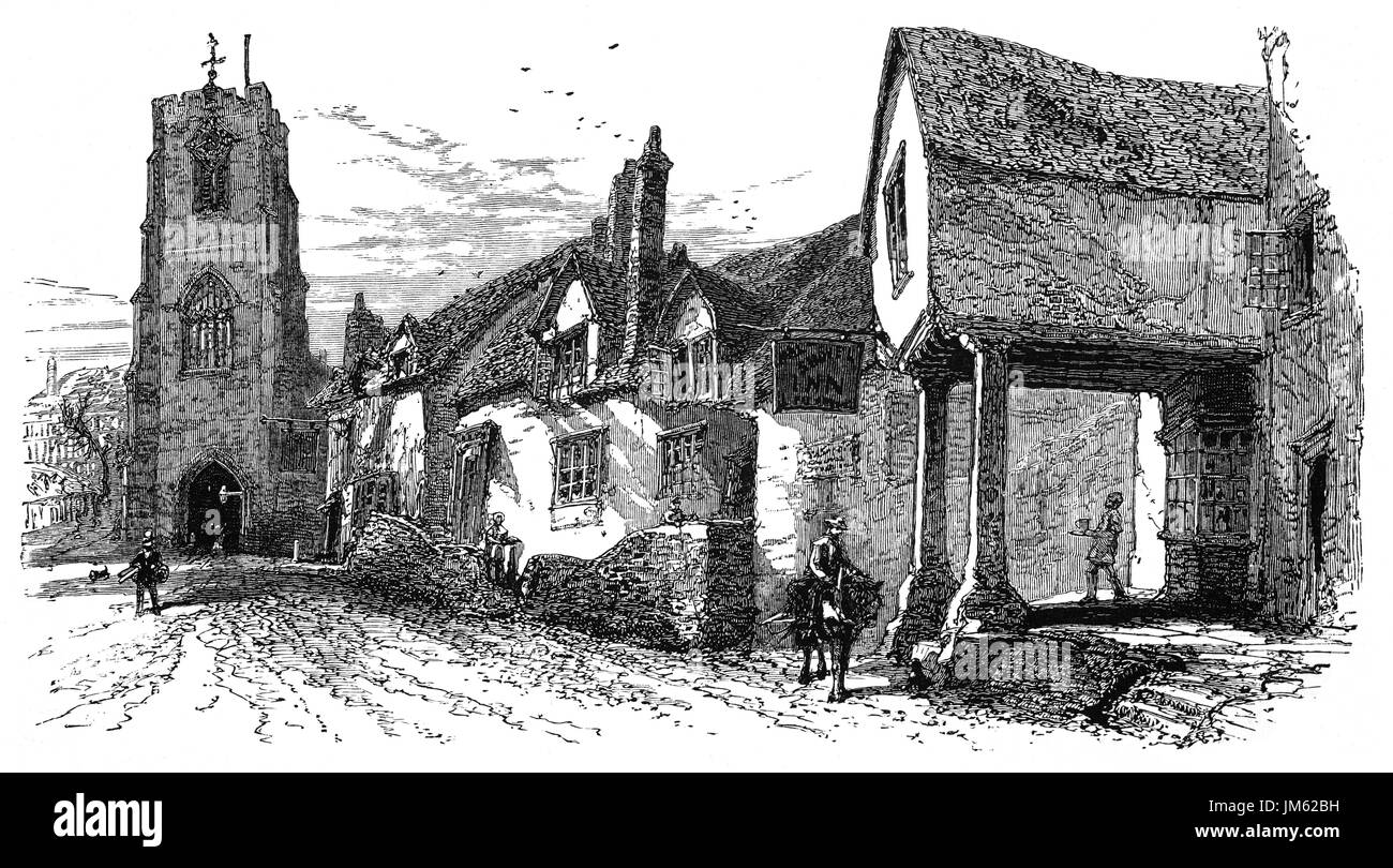 1870: La Porta Ovest sembra essere stata ricostruita nel tardo XIV secolo insieme con la cappella al di sopra di esso. Entrambe sono state estese agli inizi del XV secolo quando la torre fu aggiunta la cappella, essendo la sua base forata dall'entrata principale arch al gate. Esso è stato in gran parte ricostruito nel XVIII secolo e ri-coperto e completamente restaurata da G G Scott in 1863-5, Warwickshire, Inghilterra. Foto Stock