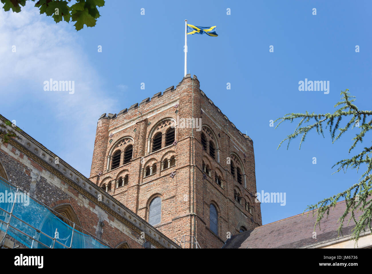 Chiesa abbaziale tower, St.Albans, Hertfordshire, England, Regno Unito Foto Stock