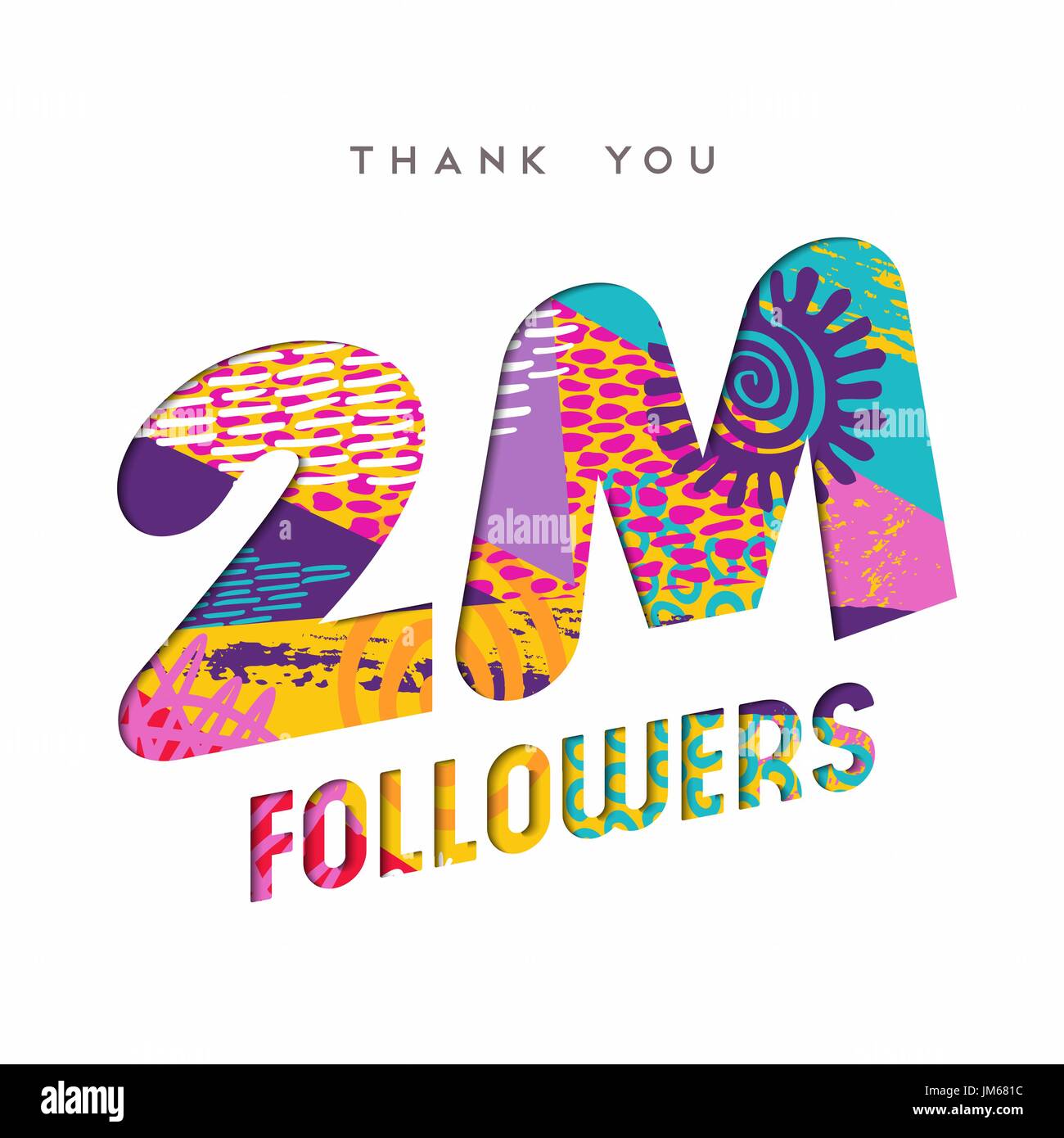 2 milioni di seguaci grazie carta tagliata numero illustrazione. Utente speciale celebrazione di obiettivo per 2000000 social media amici, ventole o abbonati. EPS1 Illustrazione Vettoriale