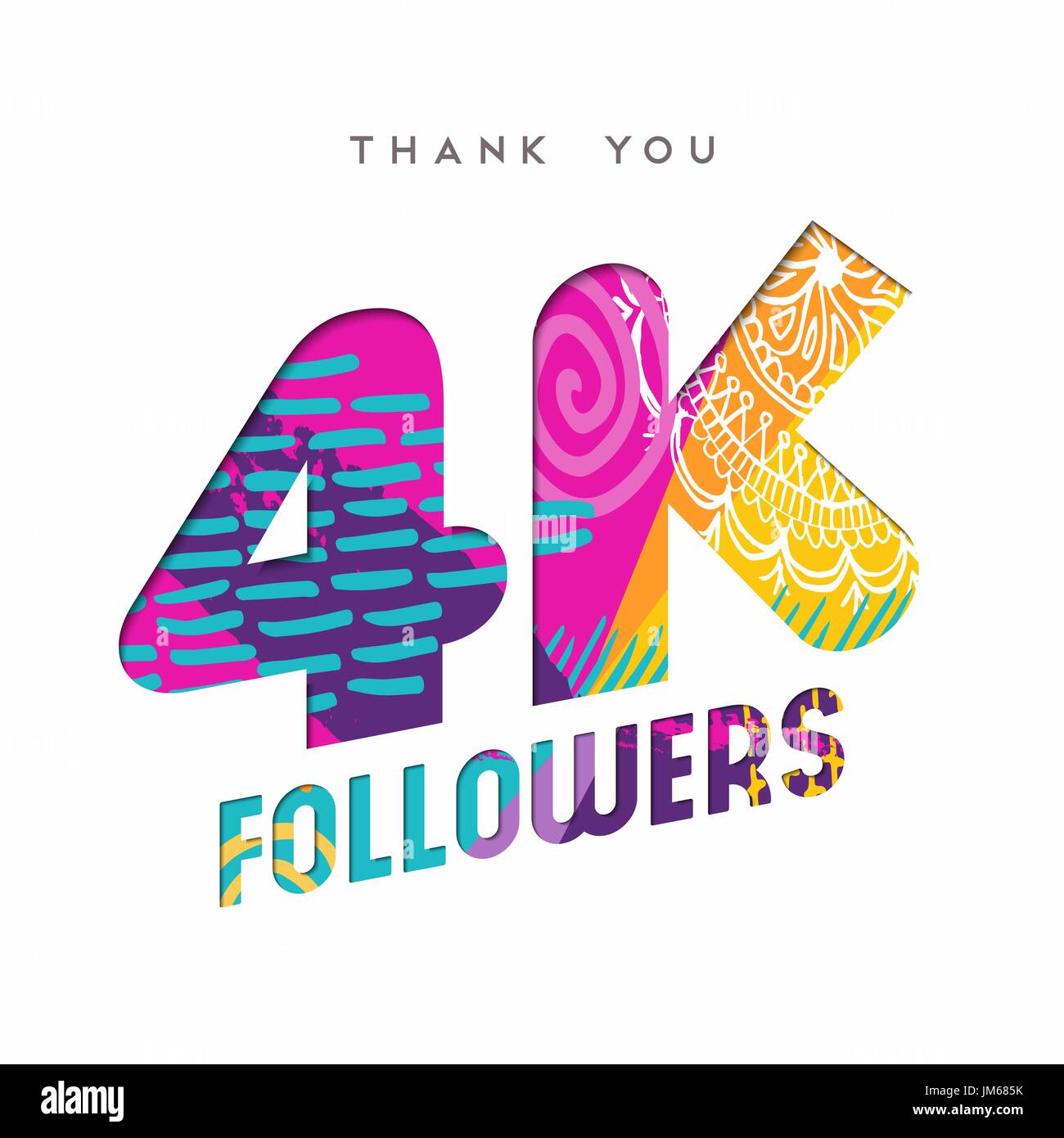 4000 seguaci grazie carta tagliata numero illustrazione. Speciale 4k utente celebrazione di obiettivo per quattro mila social media amici, ventole o abbonati. Illustrazione Vettoriale