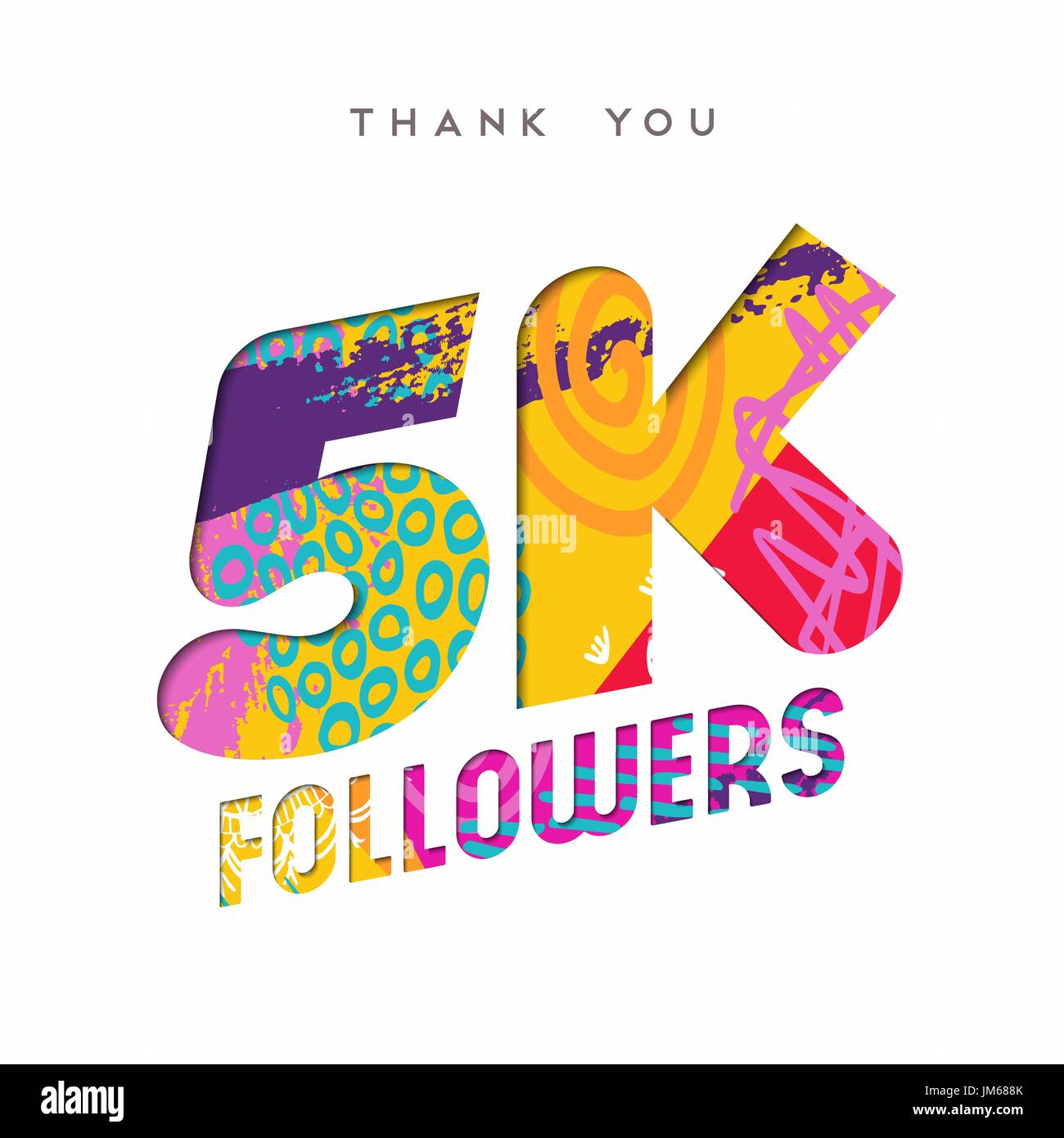5000 seguaci grazie carta tagliata numero illustrazione. Special 5k utente celebrazione di obiettivo per cinque mila social media amici, ventole o abbonati. Illustrazione Vettoriale