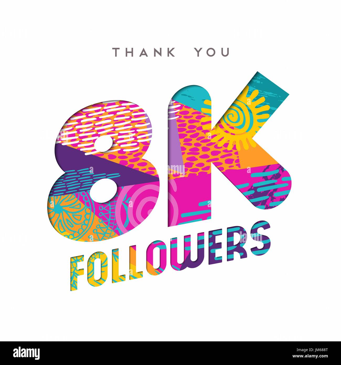 8000 seguaci grazie carta tagliata numero illustrazione. Special 8k utente celebrazione di obiettivo per otto mila social media amici, ventole o abbonati. Illustrazione Vettoriale
