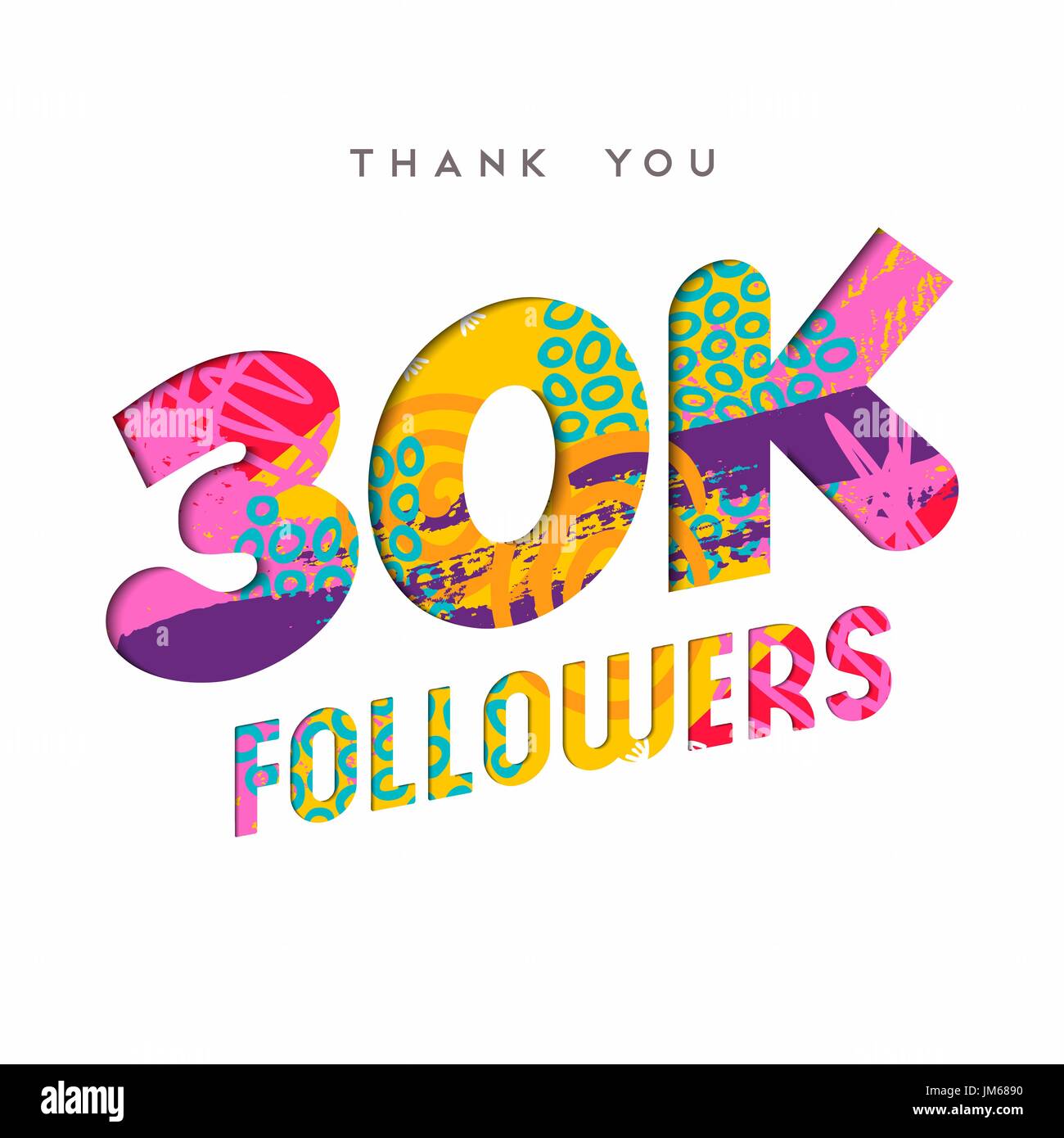 30000 seguaci grazie carta tagliata numero illustrazione. Special 30k utente celebrazione di obiettivo per trenta mila social media amici, ventilatori o iscriviti Illustrazione Vettoriale