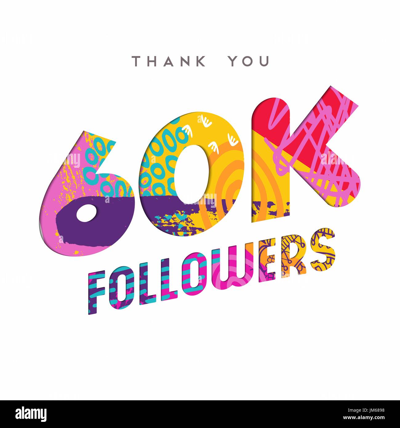 60000 seguaci grazie carta tagliata numero illustrazione. Special 60k utente celebrazione di obiettivo per sessanta mila social media amici, ventilatori o abbonato Illustrazione Vettoriale