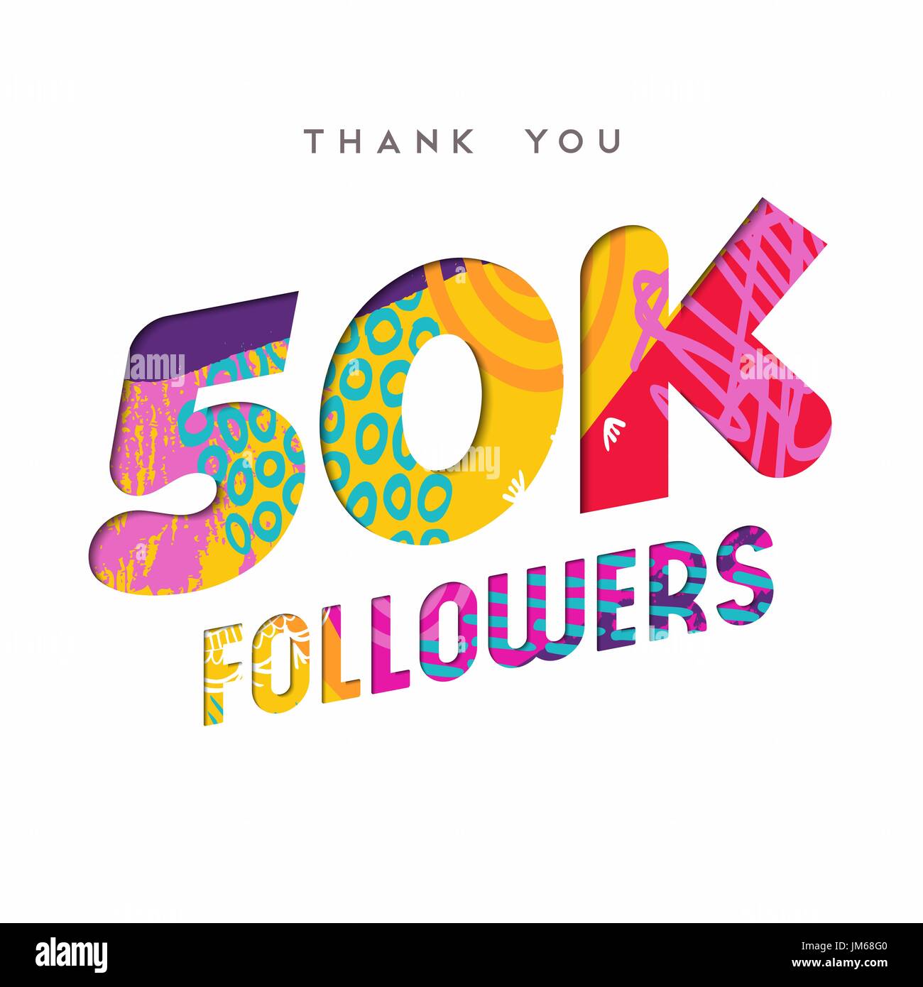 50000 seguaci grazie carta tagliata numero illustrazione. Special 50k utente celebrazione di obiettivo per cinquanta mila social media amici, ventilatori o abbonato Illustrazione Vettoriale