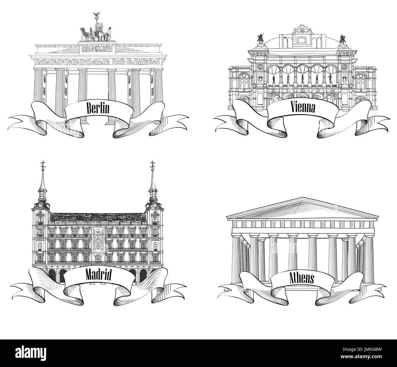 Città europea: Atene, Berlino, Madrid, Vienna. Set di etichette dei riferimenti anatomici. Collezione di simboli Travel Europe: Germania, Spagna, Austria, Grecia. Foto Stock