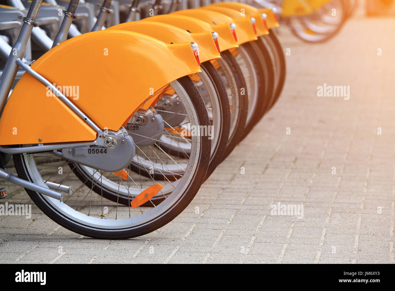 Noleggio biciclette close-up. Ruote posteriori di noleggio biciclette in piedi in fila. Noleggio biciclette in Amsterdam. Foto Stock