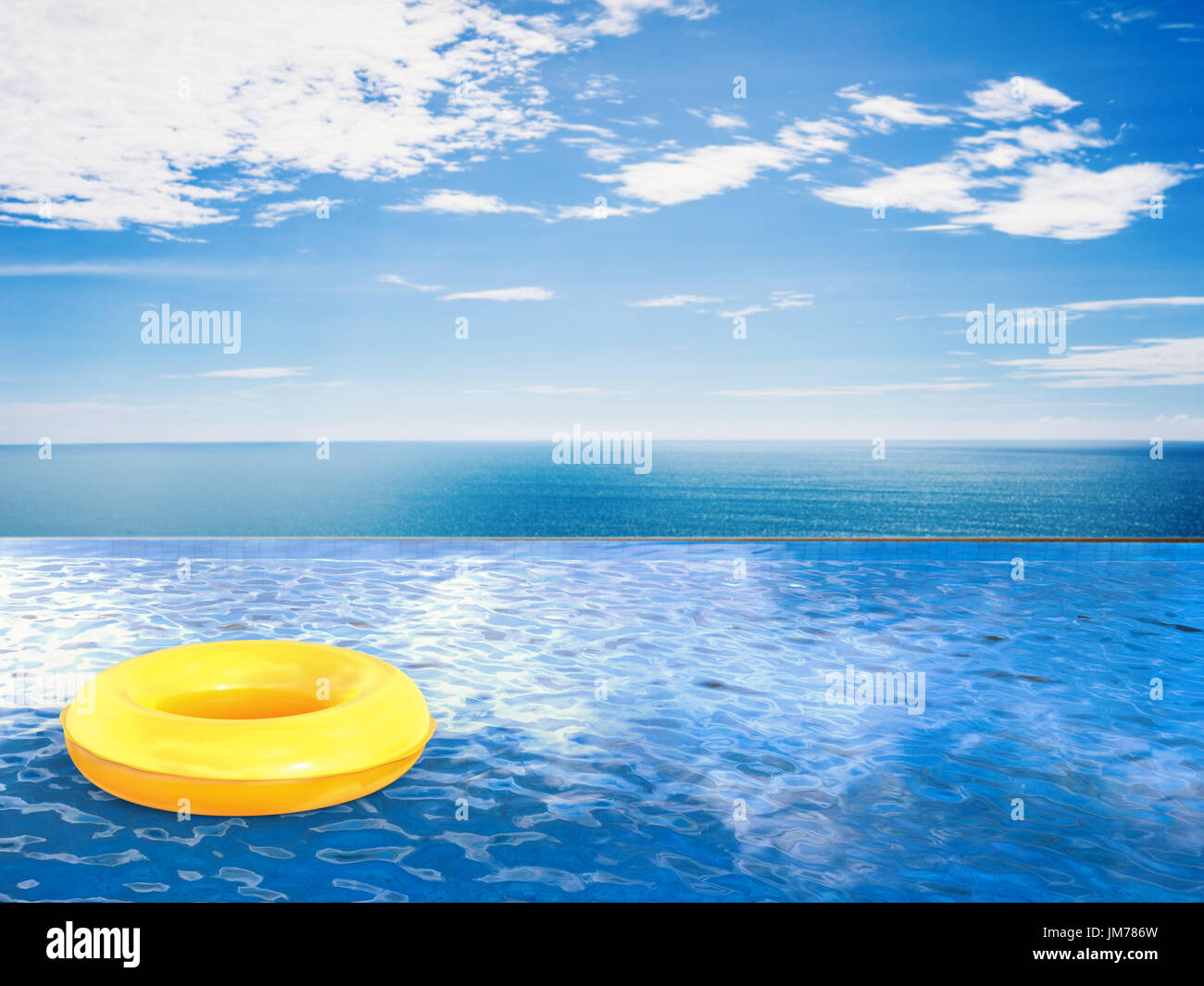 Anello di nuotare in piscina infinity con il blu del mare e il blu del cielo Foto Stock