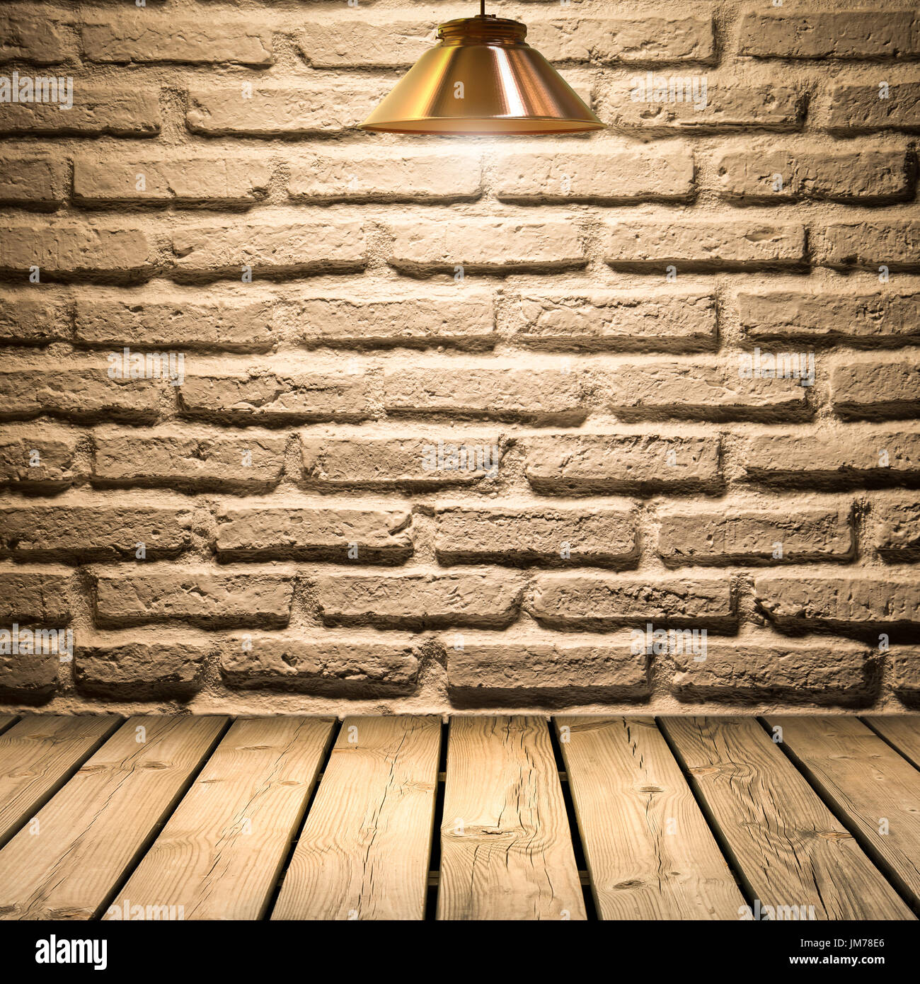In mattoni bianchi sullo sfondo della parete sul pavimento in legno con lampade Foto Stock