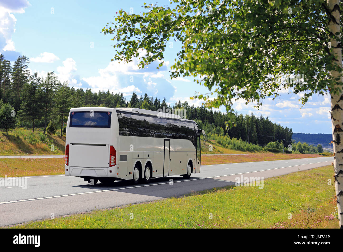 Paesaggio estivo di un bus bianco viaggia in autostrada su una bella giornata con cielo blu e nuvole e un defocalizzata betulla in primo piano. Foto Stock