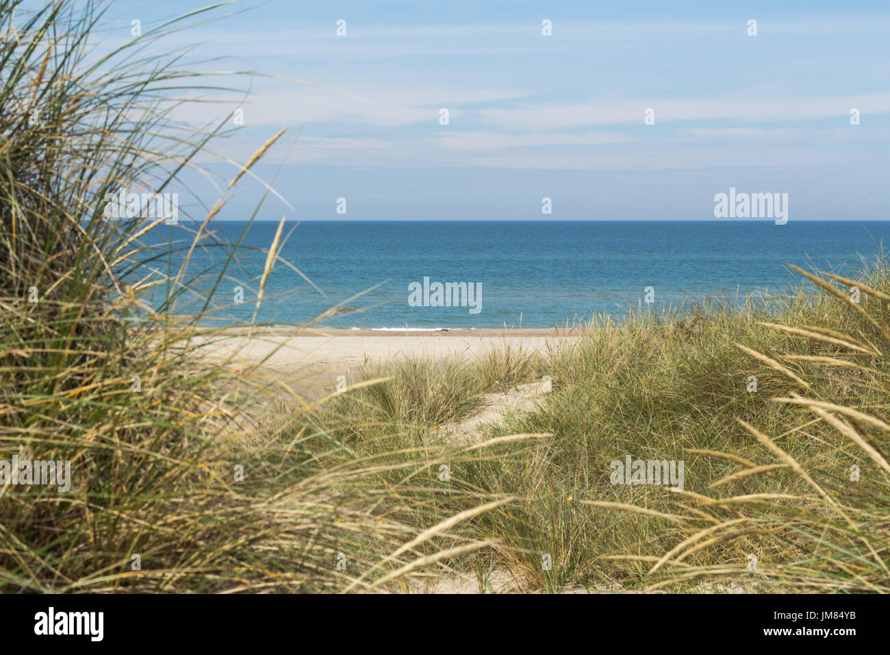 Vista sul mare da dune ricoperte di erba di Lyme Foto Stock