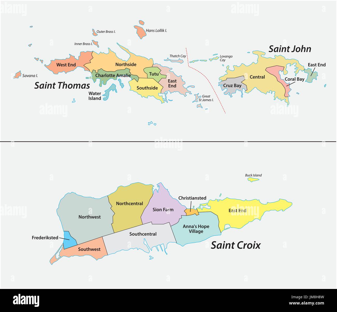 : Mappa dei distretti e dei sub-distretti degli Stati Uniti Isole Vergini Illustrazione Vettoriale