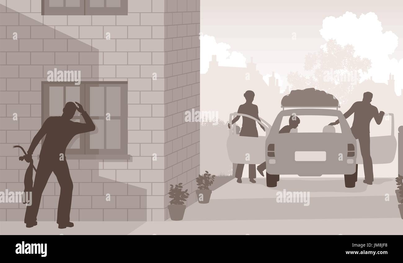 Modificabile illustrazione vettoriale di un ladro colga l'occasione al ladro come una famiglia va in vacanza Illustrazione Vettoriale
