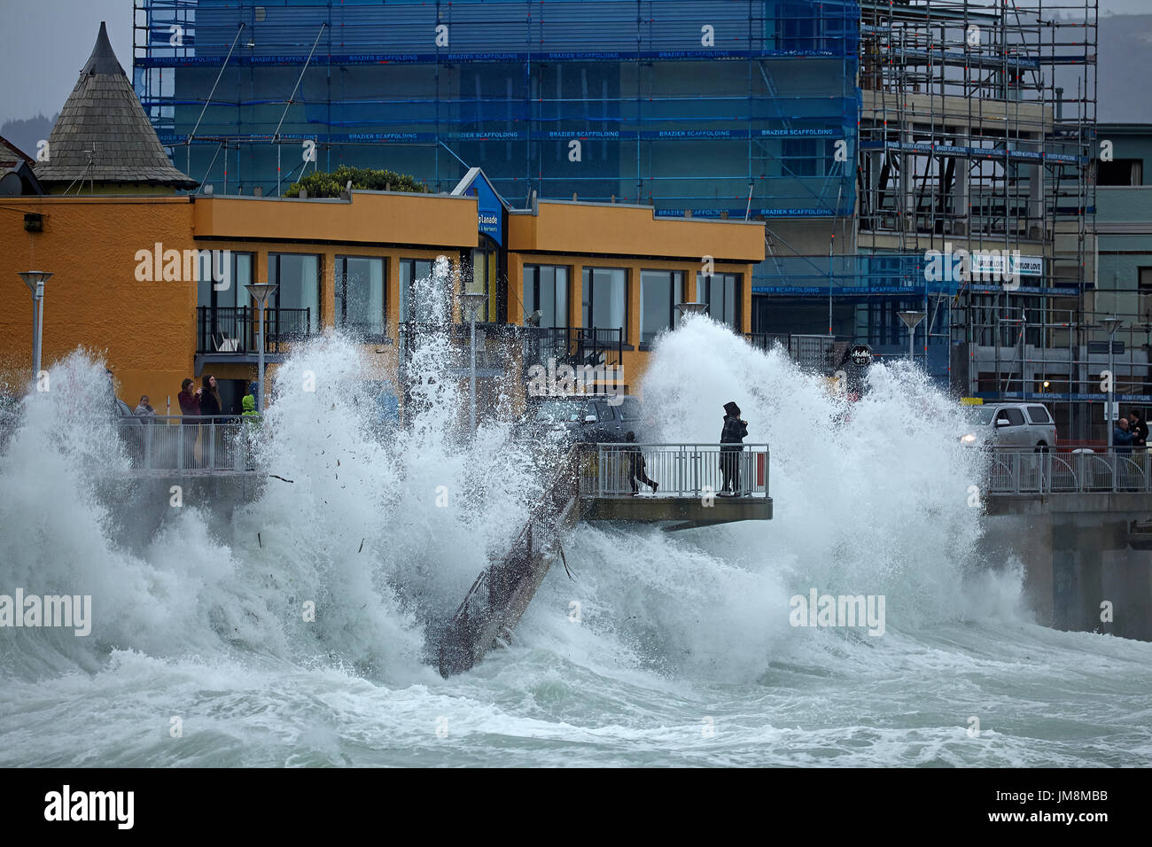 Le onde durante la tempesta di neve, St Clair Esplanade, Dunedin, Isola del Sud, Nuova Zelanda Foto Stock