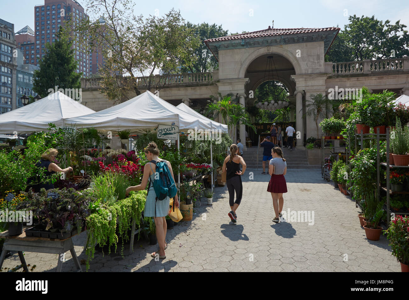 Union Square greenmarket con persone in una giornata di sole il 10 settembre 2016 a New York. Il mercato è tenuto quattro giorni ogni settimana Foto Stock