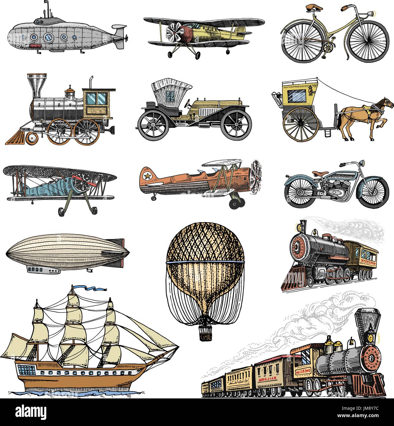 Sommergibile, barca e auto, moto, calesse. dirigibile o dirigibile, pallone aerostatico, aeroplani tutolo di mais, locomotiva. incisi disegnati a mano in vecchio stile sketch, vintage trasporto di passeggeri. Illustrazione Vettoriale