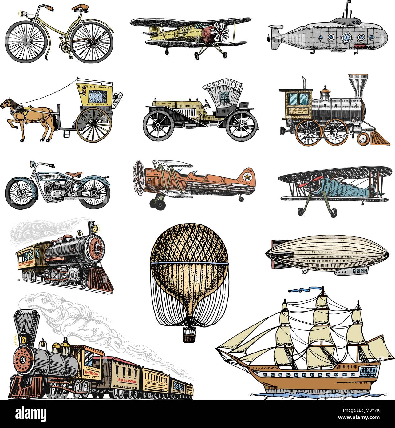 Sommergibile, barca e auto, moto, calesse. dirigibile o dirigibile, pallone aerostatico, aeroplani tutolo di mais, locomotiva. incisi disegnati a mano in vecchio stile sketch, vintage trasporto di passeggeri. Illustrazione Vettoriale
