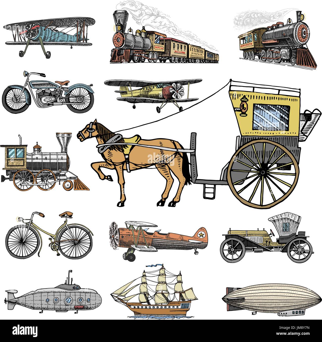 Sommergibile, barca e auto, moto, calesse. dirigibile o dirigibile, pallone aerostatico, aeroplani tutolo di mais, locomotiva. incisi disegnati a mano in vecchio stile sketch, vintage trasporto di passeggeri. Illustrazione Vettoriale