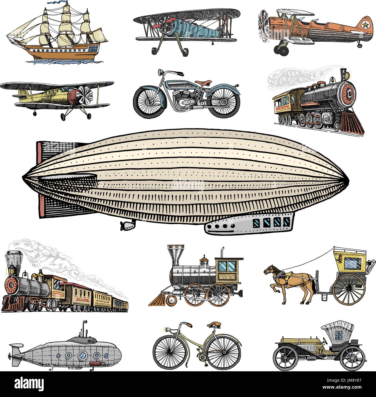 Sommergibile, barca e auto, moto, calesse. dirigibile o dirigibile, pallone aerostatico, aeroplani tutolo di mais, locomotiva. incisi disegnati a mano in vecchio stile sketch, vintage trasporto di passeggeri. Illustrazione Vettoriale