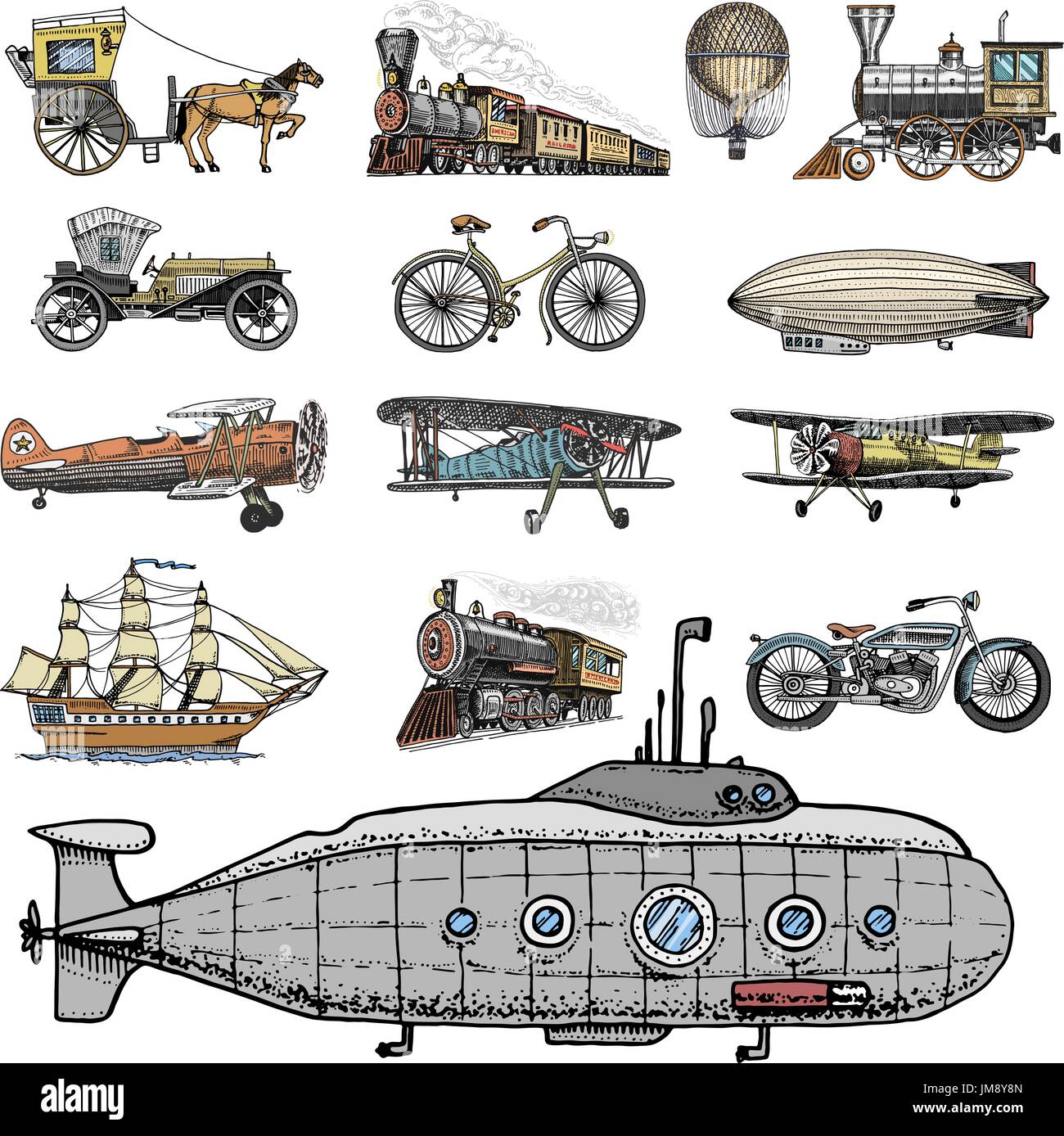 Sommergibile, barca e auto, moto, calesse. dirigibile o dirigibile, pallone aerostatico, aeroplani tutolo di mais, locomotiva. incisi disegnati a mano in vecchio stile sketch, vintage trasporto di passeggeri. Illustrazione Vettoriale