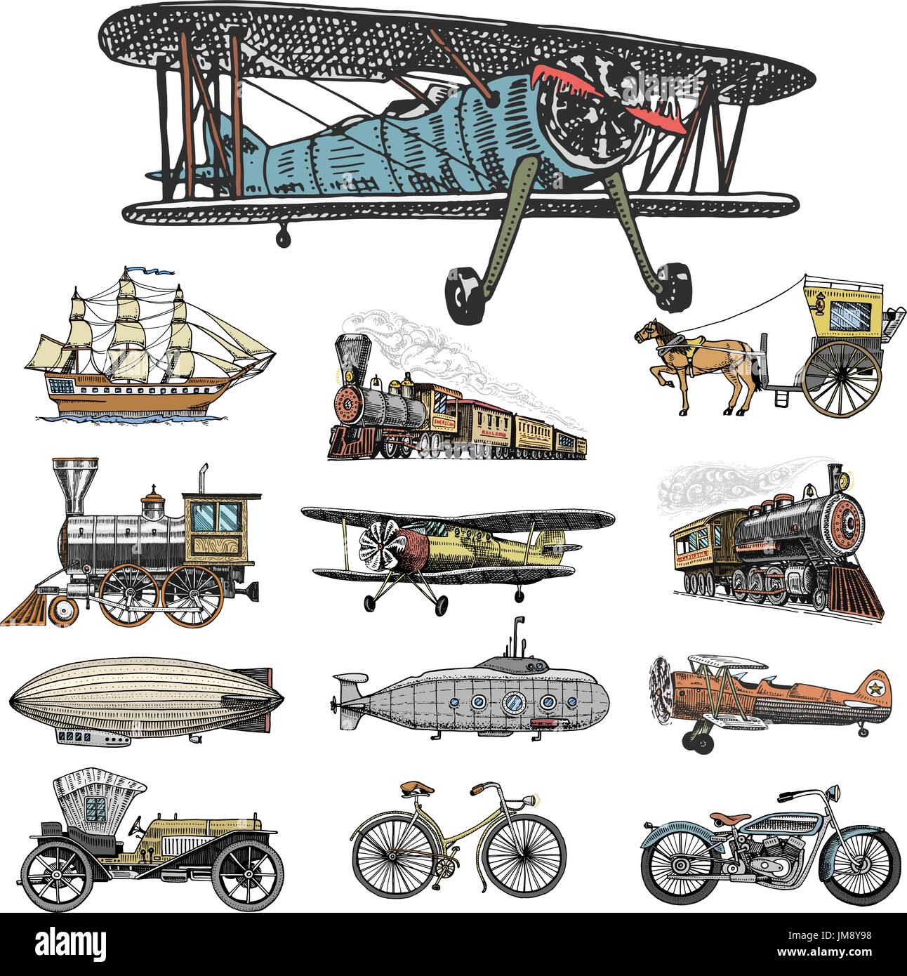Sommergibile, barca e auto, moto, calesse. dirigibile o dirigibile, pallone aerostatico, aeroplani tutolo di mais, locomotiva. incisi disegnati a mano in vecchio stile sketch, vintage trasporto di passeggeri. Illustrazione Vettoriale