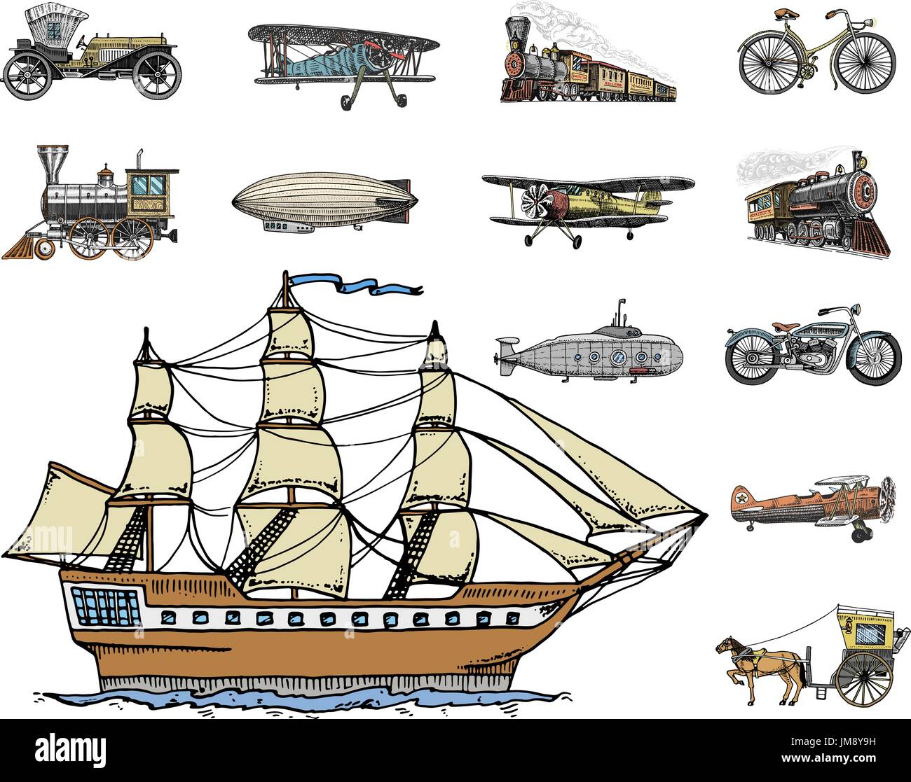 Sommergibile, barca e auto, moto, calesse. dirigibile o dirigibile, pallone aerostatico, aeroplani tutolo di mais, locomotiva. incisi disegnati a mano in vecchio stile sketch, vintage trasporto di passeggeri. Illustrazione Vettoriale