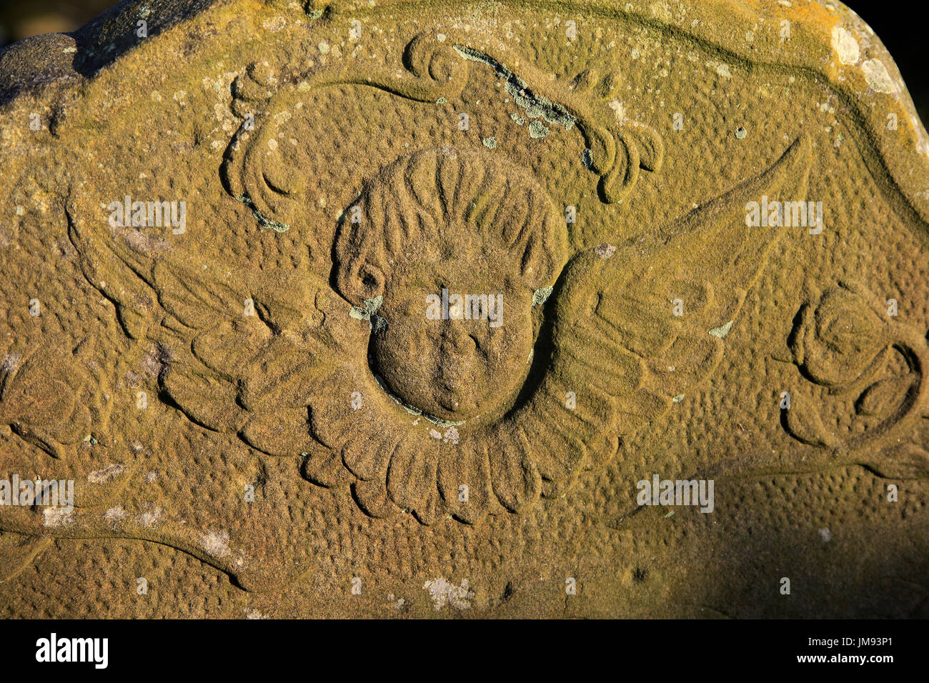 Weathered immagine scolpita in pietra su pietra tombale del cherubino angelo con ali, Rasmsholt, Suffolk, Inghilterra, Regno Unito Foto Stock