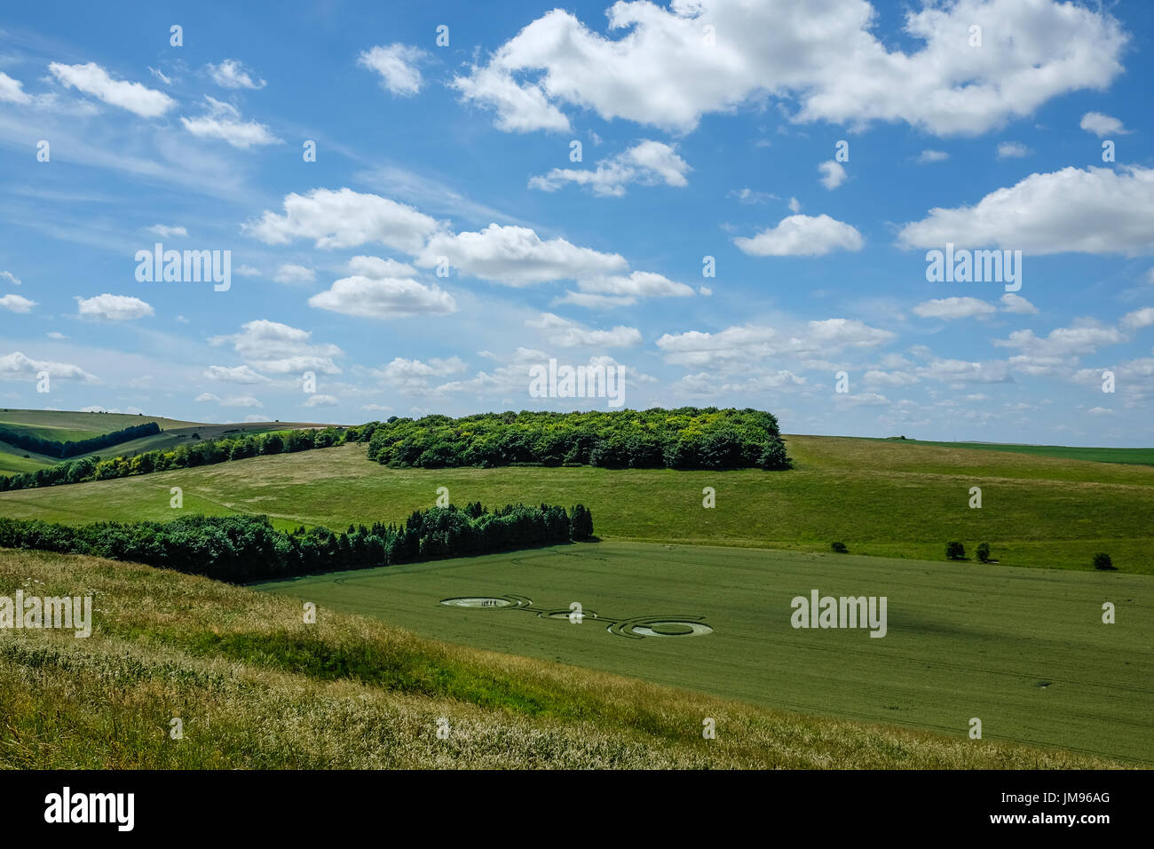 Crop Circle nel campo con il cielo blu e nuvole Foto Stock