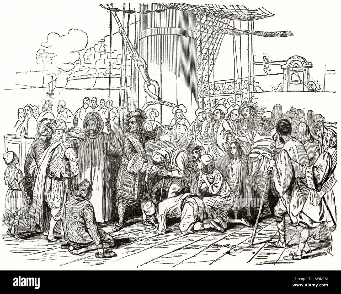 Vecchia incisa la riproduzione di un dipinto raffigurante Abraham Duquesne rilasciando gli schiavi cristiani ad Algeri. Dopo Biard, pubblicato il Magasin Pittoresqu Foto Stock