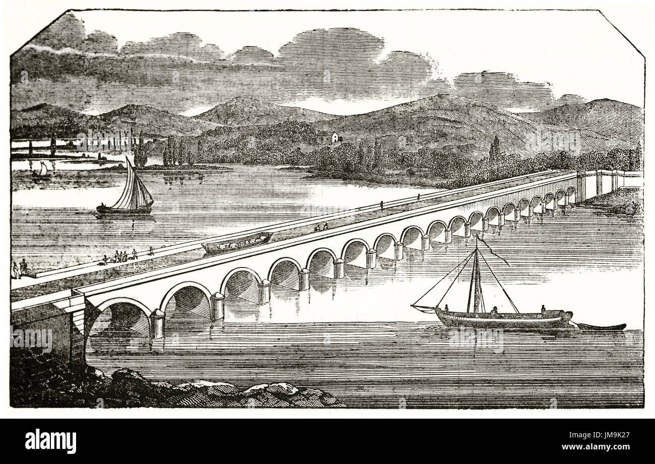 Vecchio vista di acqua Guetin bridge, nei pressi di Allier e Loira confluenza dei fiumi, Francia. Da autore non identificato, pubblicato il Magasin pittoresco, Paris, 183 Foto Stock