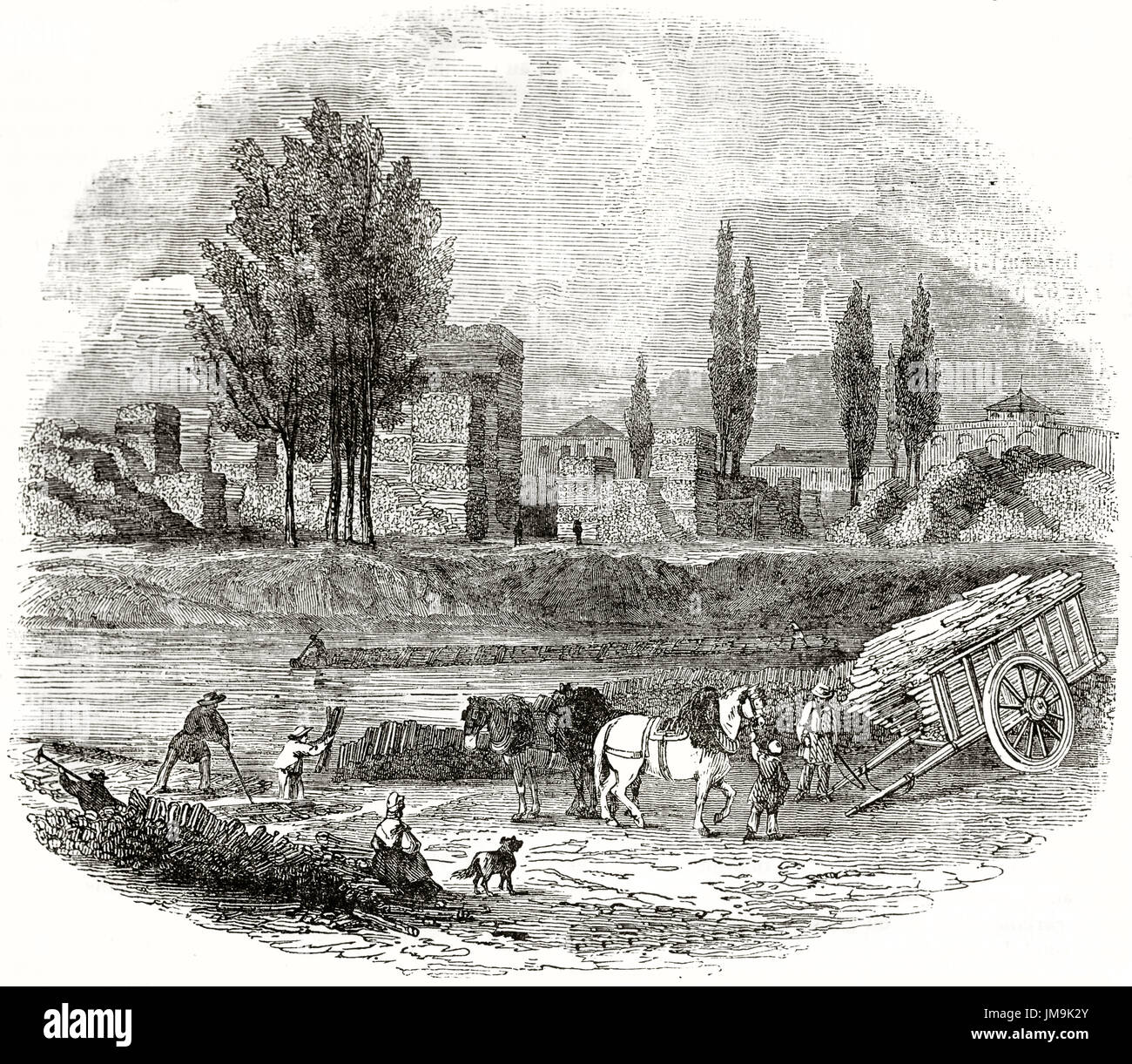 Vecchio vista di Ile Louviers, piccola isola e legna da ardere luogo di deposito nel fiume Senna a Parigi. Da autore non identificato, pubblicato il Magasin pittoresco, Foto Stock