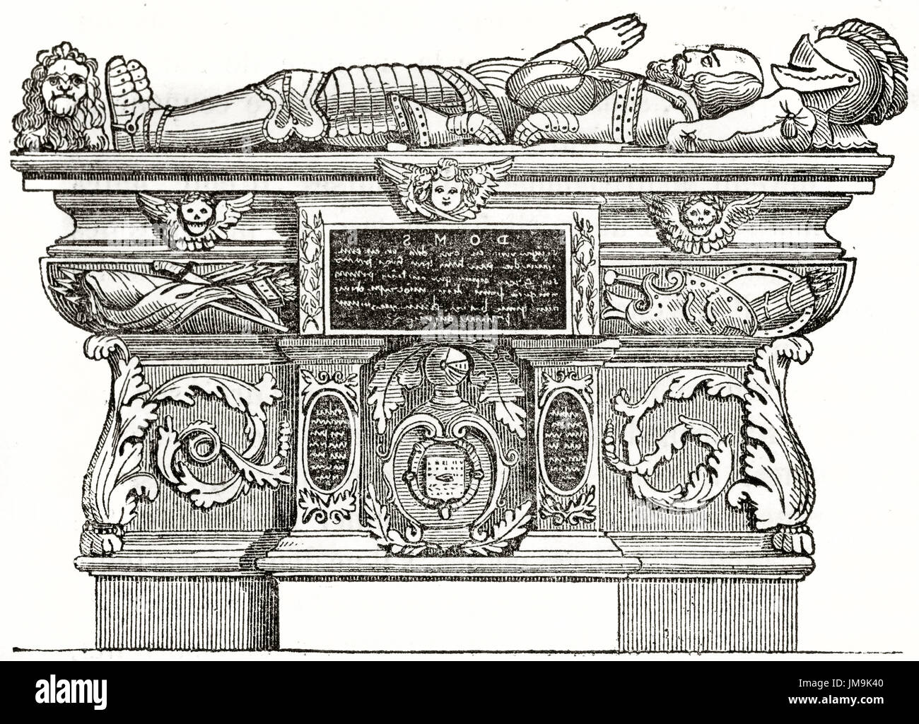 Vecchio incisi riproduzione di Montaigne tomba nel Royal College, Bordeaux, Francia. Da autore non identificato, pubblicato il Magasin pittoresco di Parigi, Foto Stock