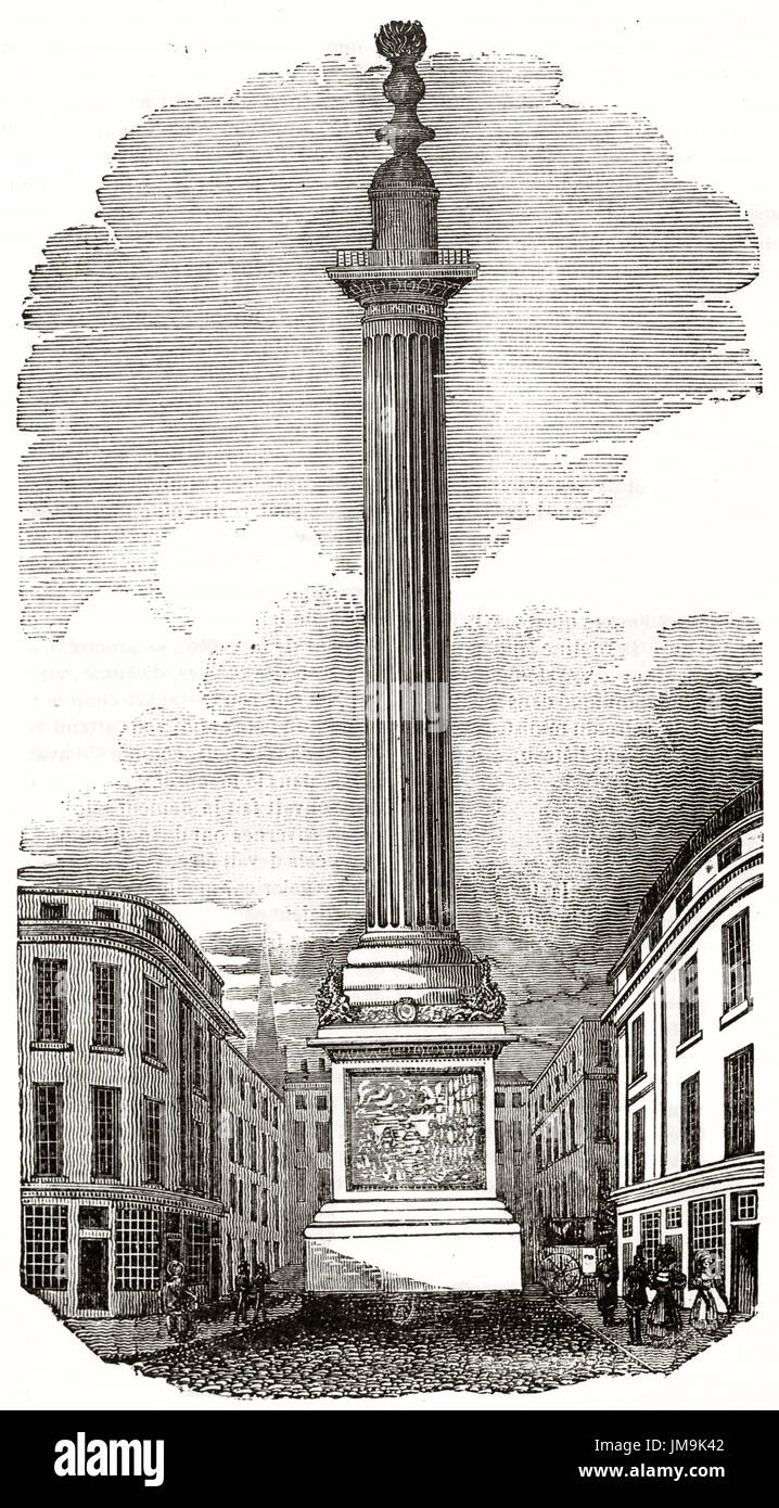 Vecchio illustretion del monumento al Grande Incendio di Londra. Da autore non identificato, pubblicato il Magasin pittoresco, Parigi, 1837. Foto Stock