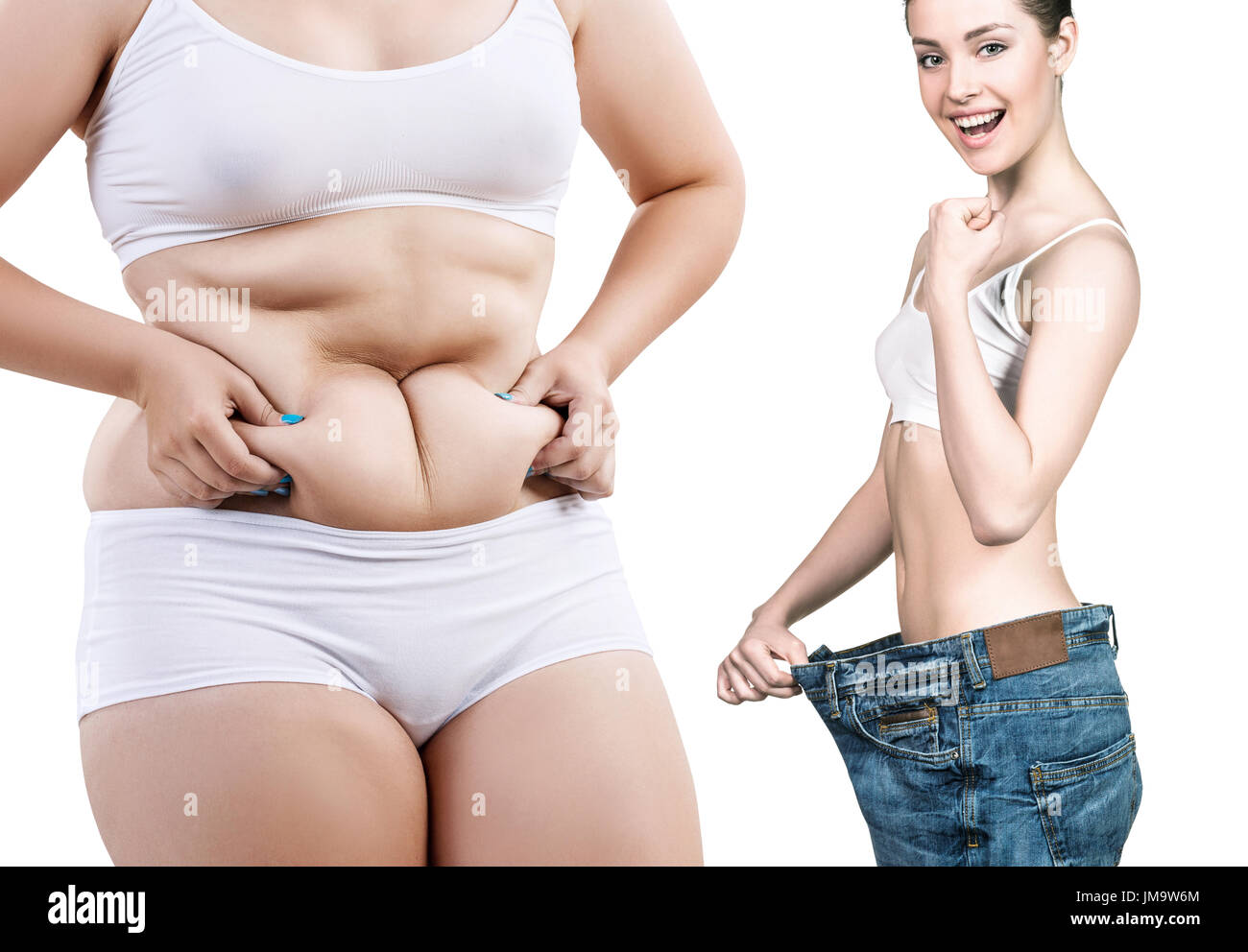Collage di corpo femminile prima e dopo la perdita di peso su sfondo bianco Foto Stock