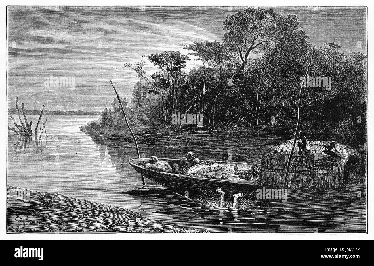 Vecchia illustrazione di un uomo la caduta in acqua da una barca nel fiume del Amazon. Creato da Riou, Biard e Maurand, pubblicato in Le Tour du Monde, Parigi, 1861 Foto Stock