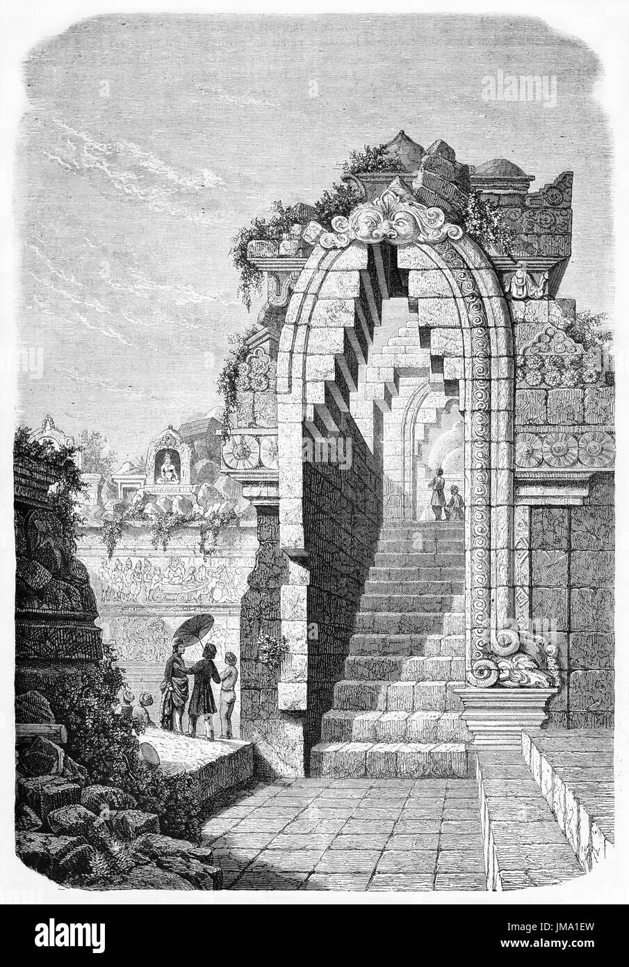 Vecchio illustratio del tempio di Borobudur portale, Giava centrale, Indonesia. Creato da De Bar e Trichon, pubblicato in Le Tour du Monde, Parigi, 1861 Foto Stock