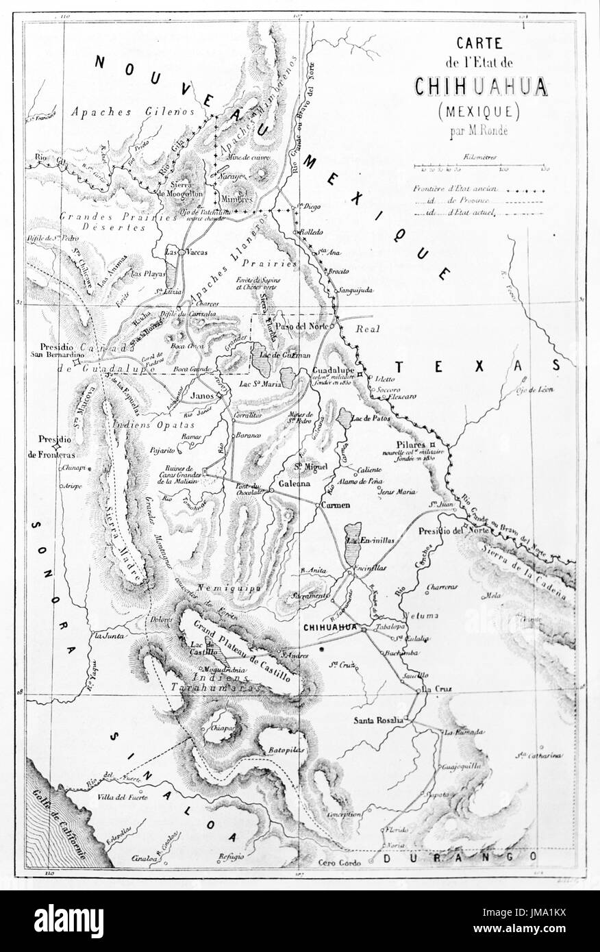 Mappa vecchia di stato di Chihuahua, Messico. Incisi da Ehrard e Bonaparte, pubblicato in Le Tour du Monde, Parigi, 1861. Foto Stock